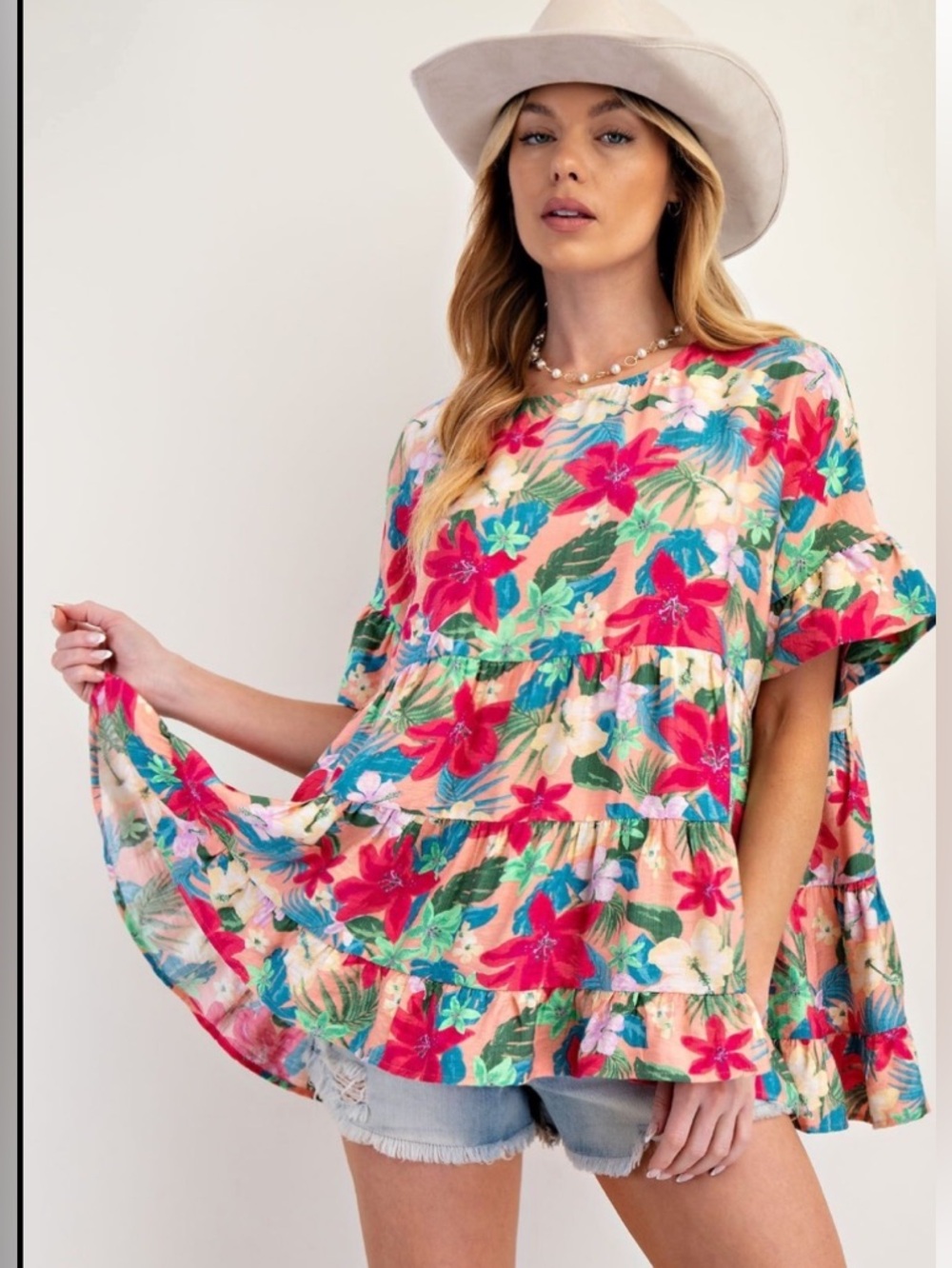 878 1-G 🏝️EASEL FLORAL PRINTED WOVEN BABYDOLL TUNIC - Picture 3 of 3